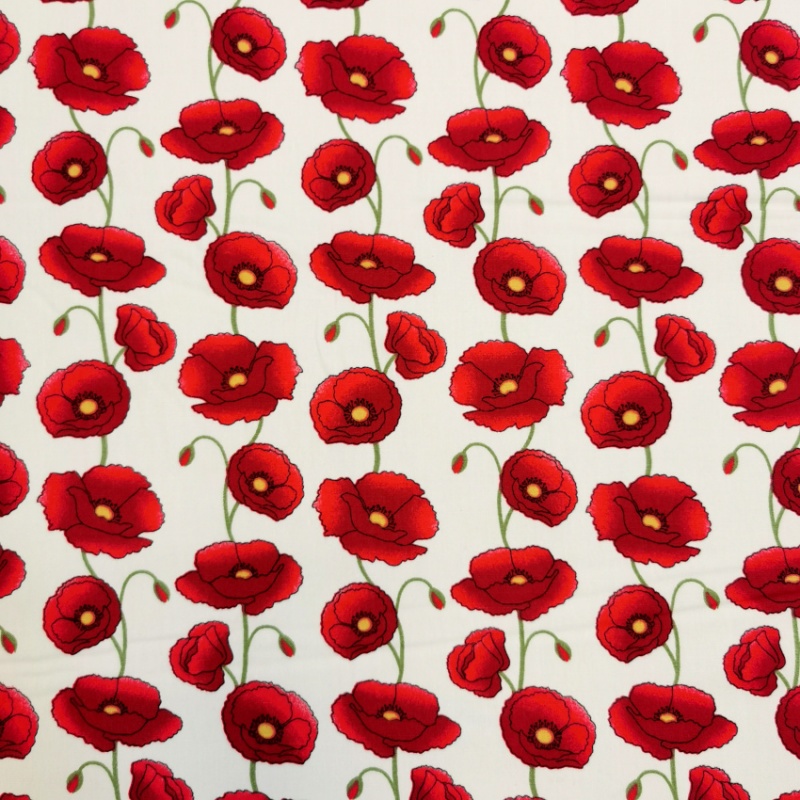 Floral Poplin Design 25 RED POPPIES ON IVORY